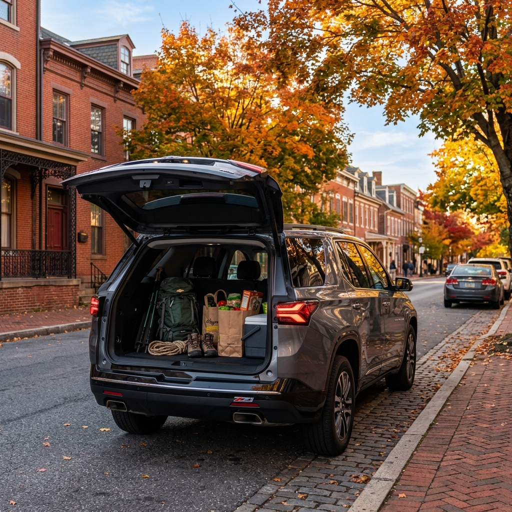 2026 Chevrolet Traverse midsize SUV parked in allentown with trunk open showing cargo space